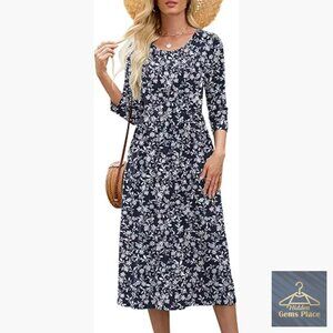 Women's 3/4 Sleeve Midi Dress A-Line Tiered Flowy Loose Fit with Pockets